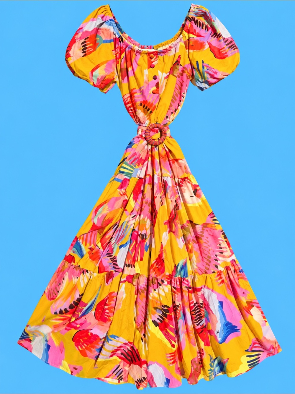 FARM Rio Off-Shoulder Maxi Dress with Pink & Blue Parrot